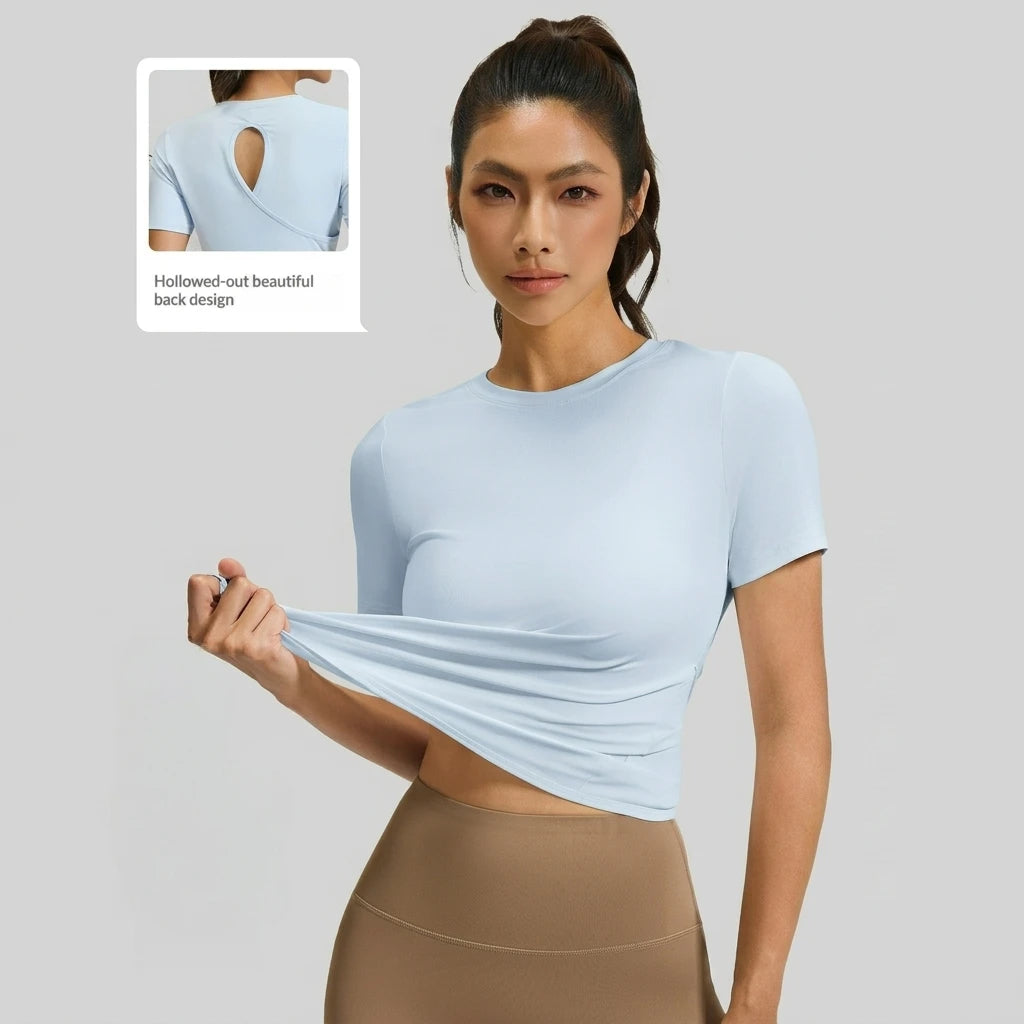 Wholesale Quick Dry Breathable Crew Neck Solid Back Hollow Out Cross short sleeve shirt tshirt women yoga top