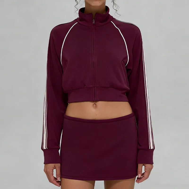 Custom Logo Yoga Set Women Cropped Jacket Zip up Tennis Skirt Set Side Stripes 2 Piece Activewear Workout Gym