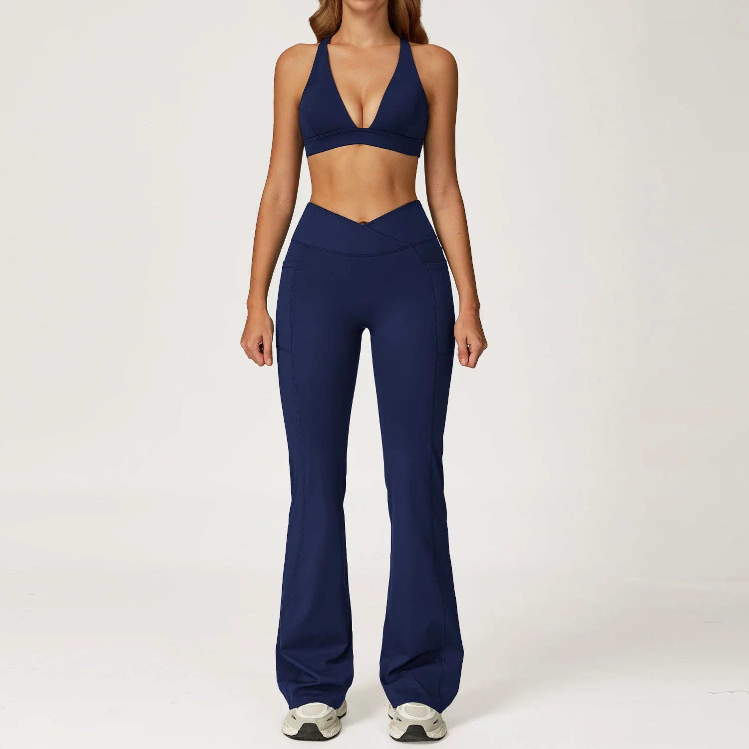 Women's Solid Athleisure 5-Piece Sports Bras+Gym Shorts+Yoga Leggings+Top Set Workout Clothes Sport Suit Front Logo