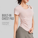 Women Cutout Yoga T Shirt Short Sleeve Gym Top Ruched Side Curved Hem Slim Fit Workout Tee Athletic Sportswear