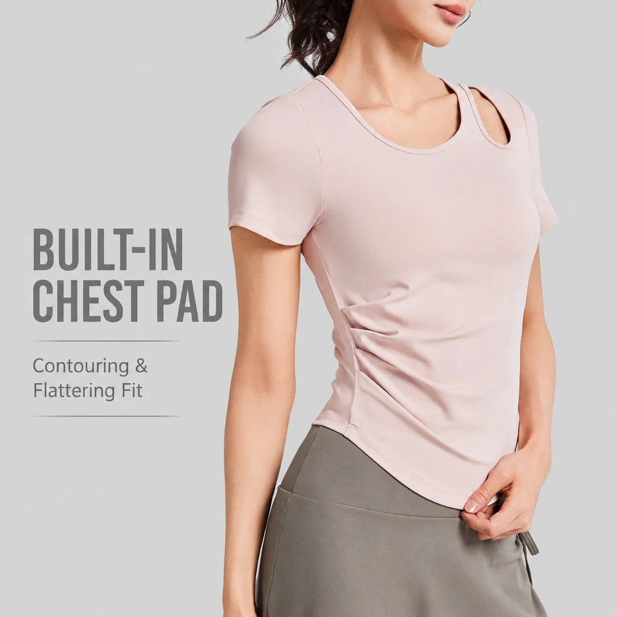 Women Cutout Yoga T Shirt Short Sleeve Gym Top Ruched Side Curved Hem Slim Fit Workout Tee Athletic Sportswear