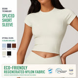 Eco-Friendly Regenerated Nylon Yoga T Shirt Women Spliced Short Sleeve Gym Crop Top  Sports Tee Custom Logo