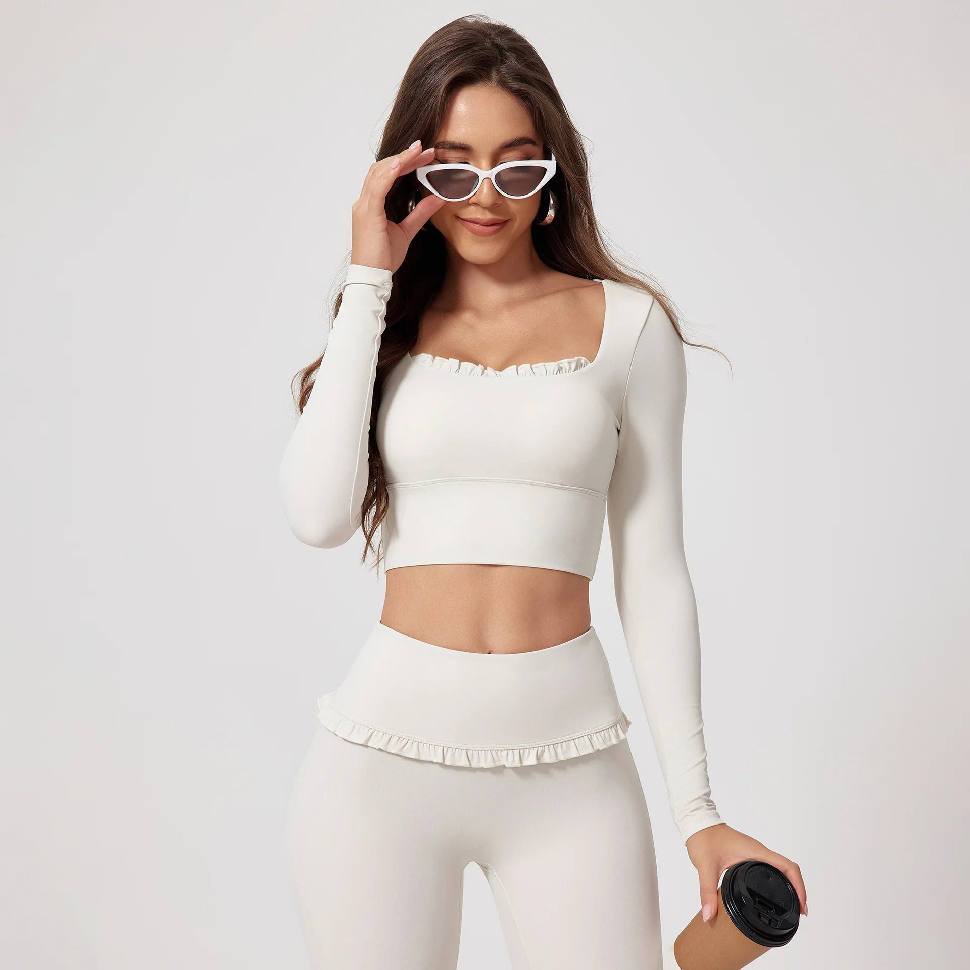 Custom Logo Yoga Long Sleeve Top Ruffle Trim Sports Crop Top Women Balletcore Fitness Shirt Gym Workout Wear Quick Dry