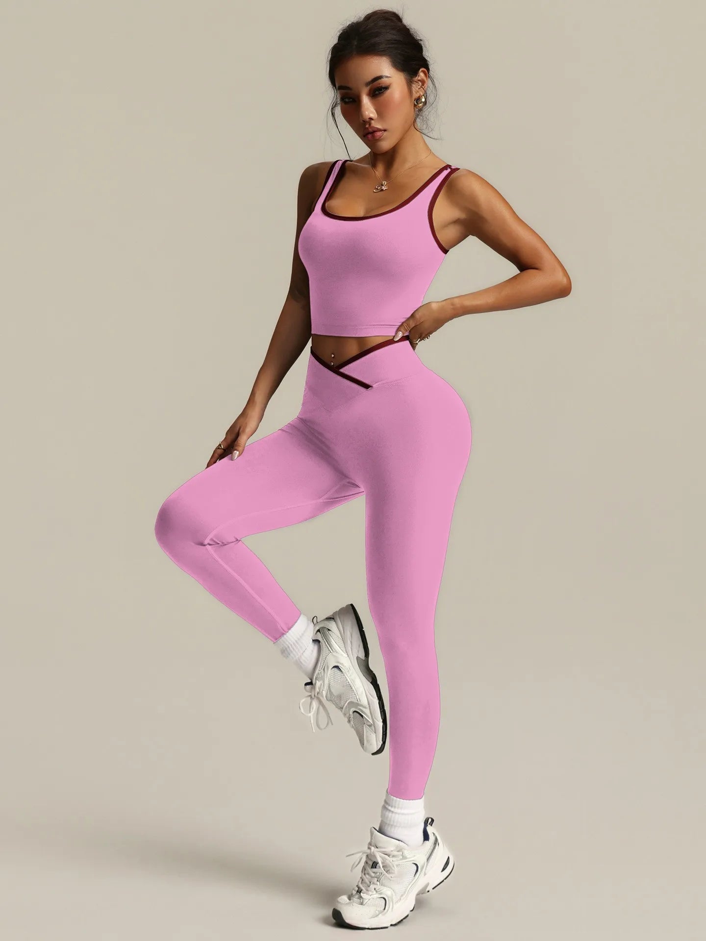 Custom Women Seamless Solid Spandex/Nylon Sports Set  Sets Color Blocking Pants Running Quick-drying Tank Top Soft Yoga Fitness
