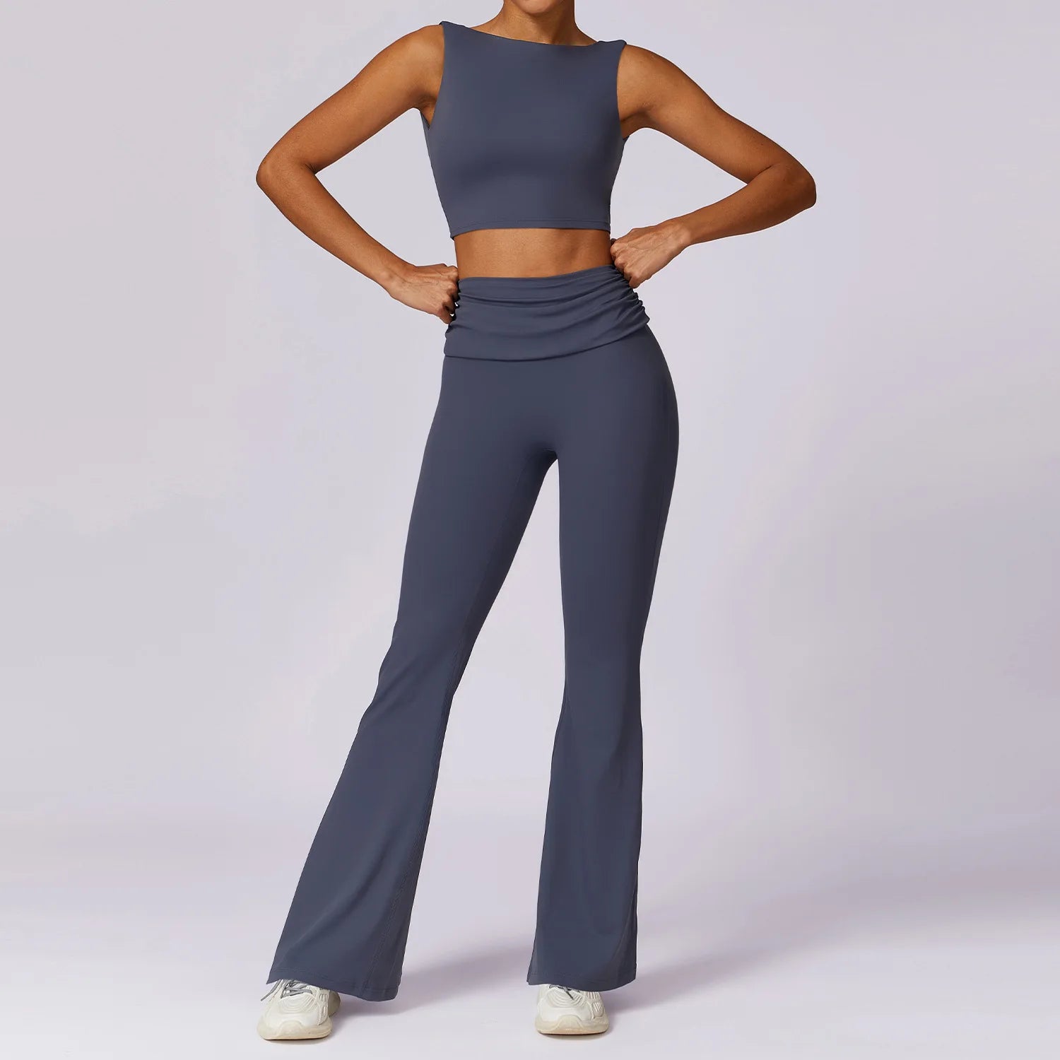 Custom Gym Sport Wear Clothes Solid Front Open Back Workout Vest Yoga Flares Leggings Pants Fitness Wear Yoga Sets for Women