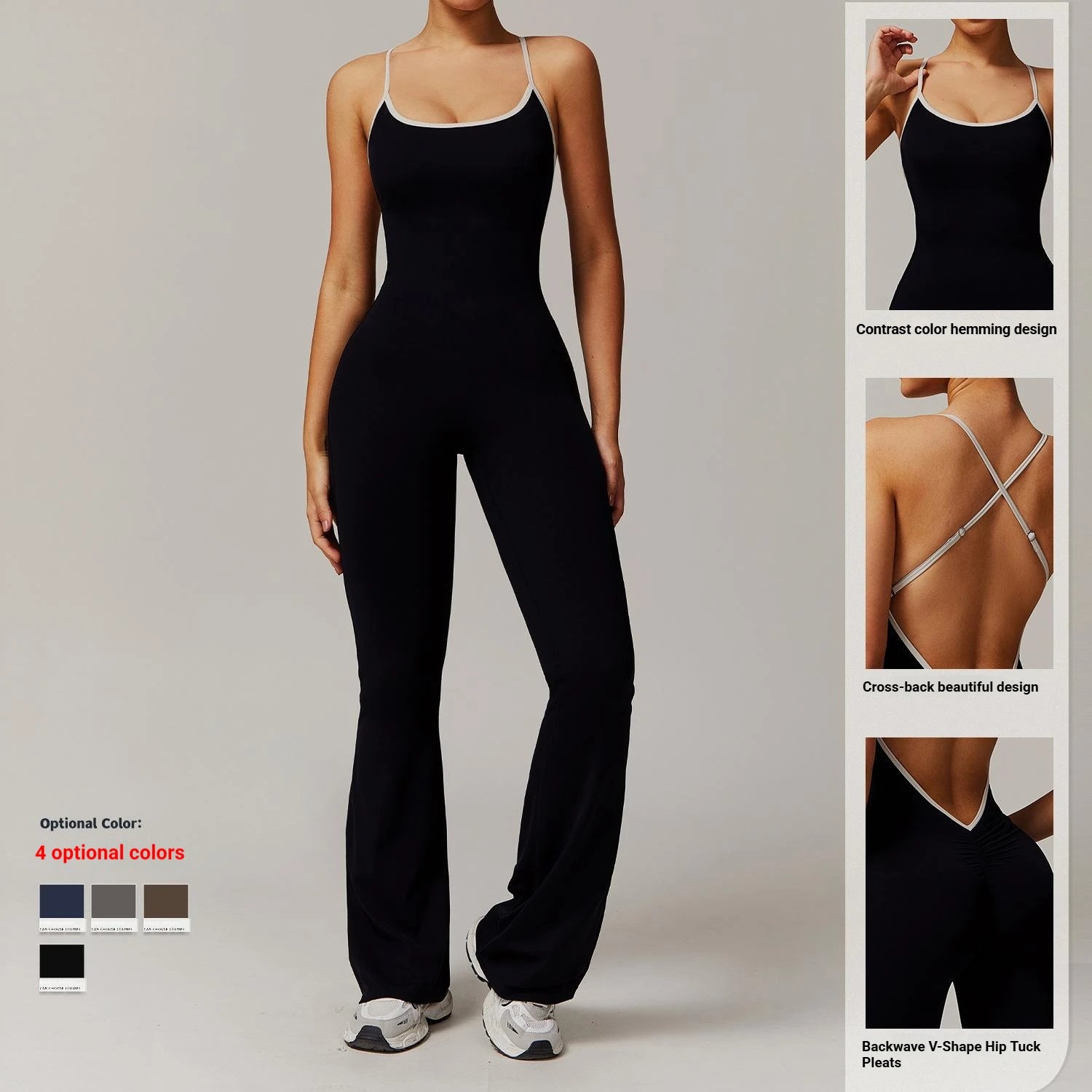 Women Backless One Piece Jumpsuit Scrunch Butt Flared Yoga Romper Contrast Trim Criss Cross Straps Custom Logo