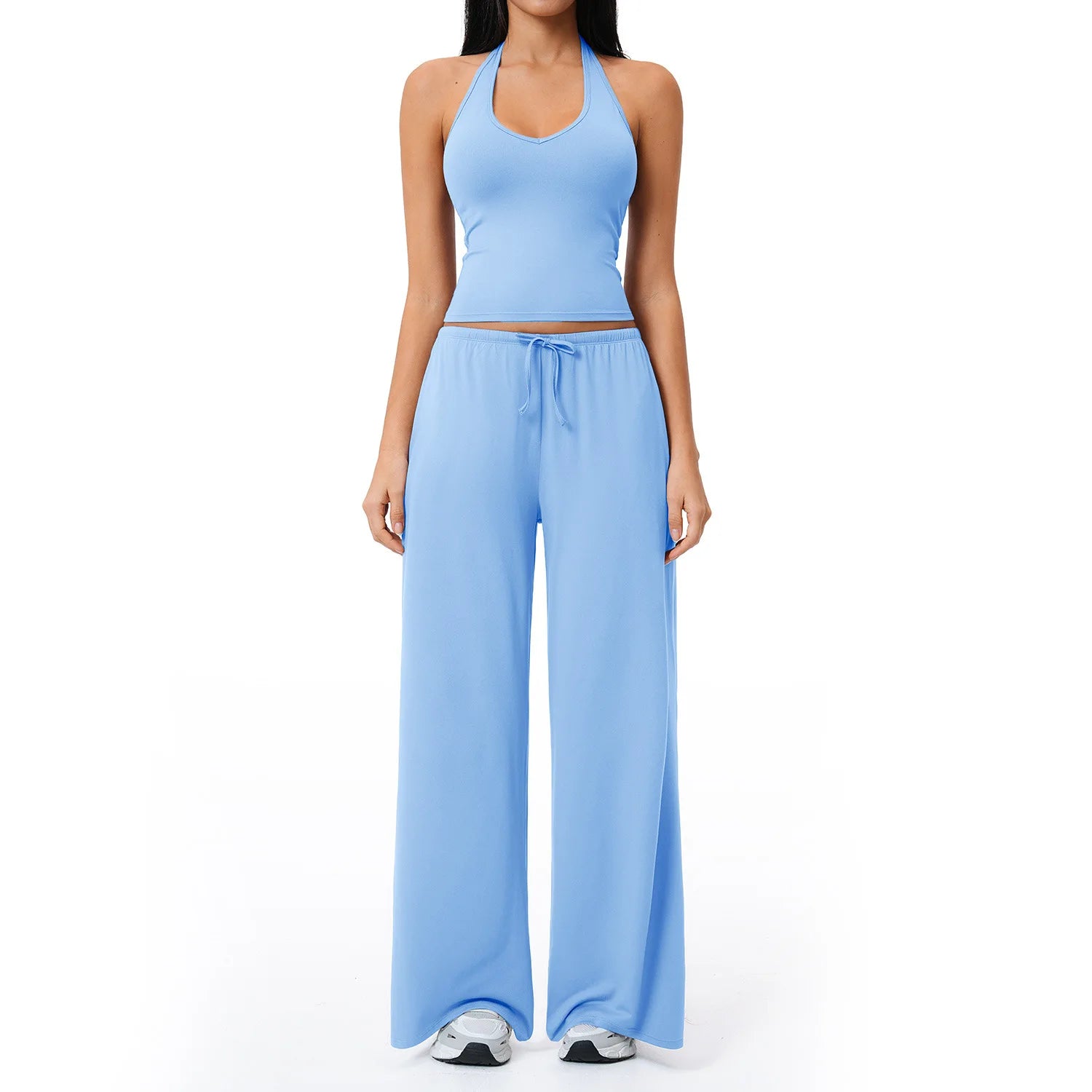Solid Halter With T Strap Yoga Gym Sets Quick Dry Breathable Top Lightweight Loose Pants Women Summer Sports Outdoor Clothing