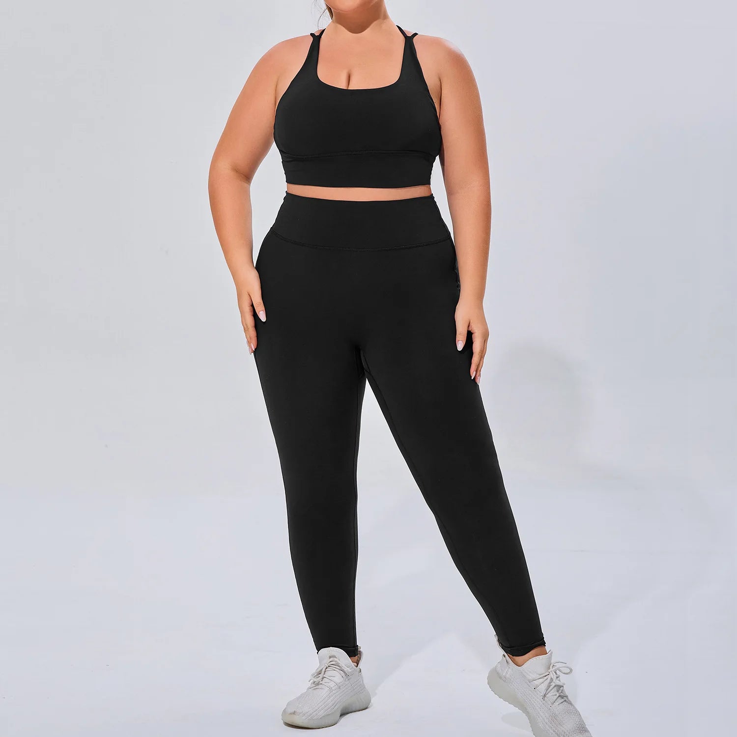Wholesale Plus Size Soft Feel Yoga Set Criss Cross Back Sports Bra High Waist Leggings 2 Piece Activewear Set