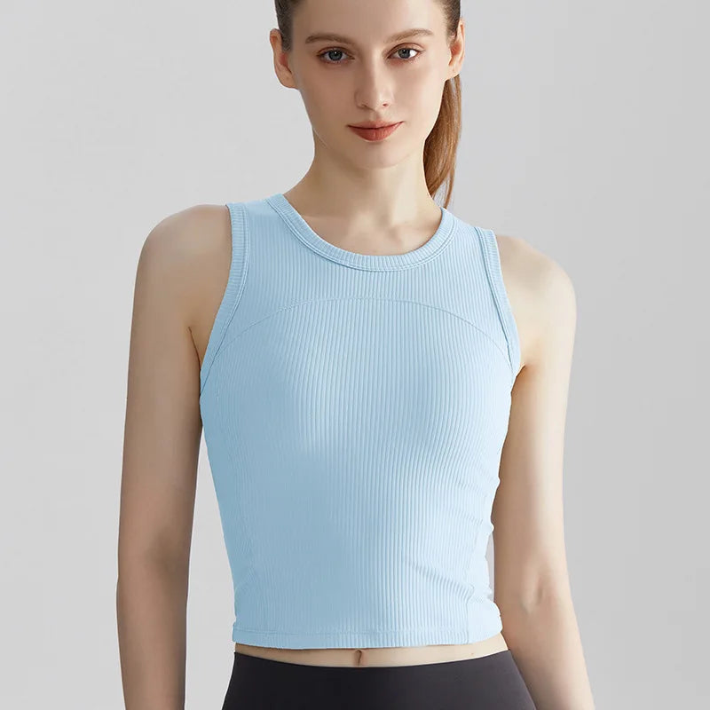 Custom Logo Ribbed Gym Crop Tank Top Crew Neck Sleeveless Workout Shirt Women Seamless Yoga Cami Activewear Tops