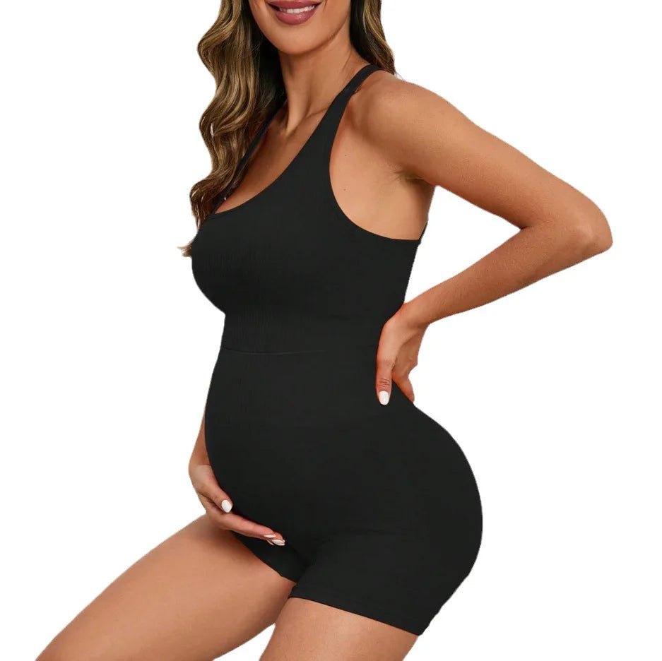 Custom Ribbed Seamless Maternity Yoga Set Strappy Back Bra High Waist Pregnancy Biker Shorts 2 Piece Set