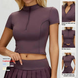 Women Half Zip Crop Top Stand Collar Short Sleeve Workout Shirts Slim Fit Gym Running Custom Logo