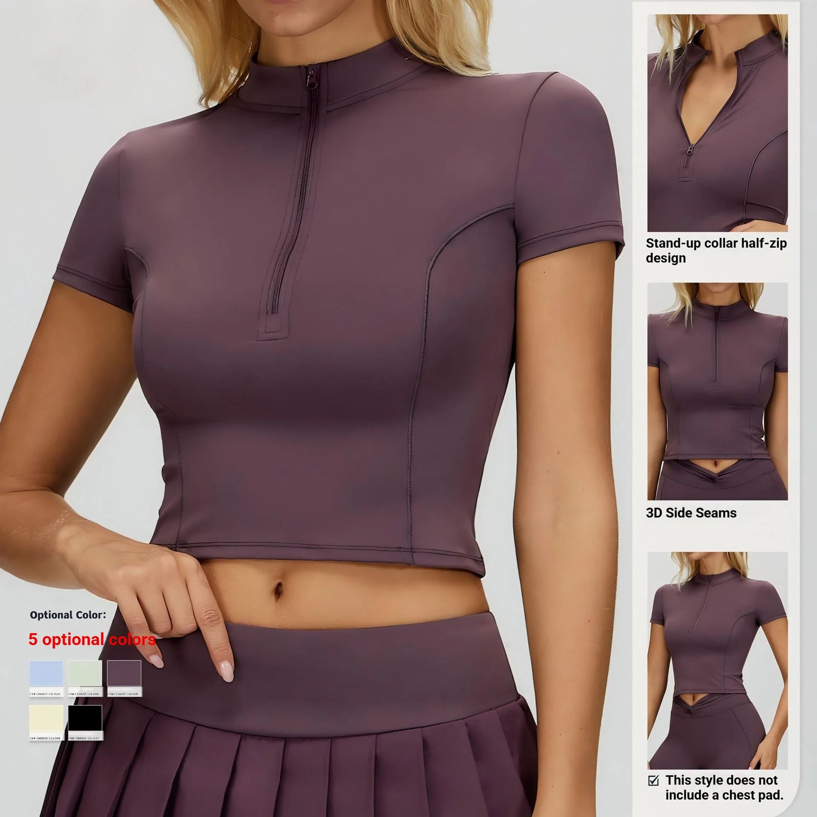 Women Half Zip Crop Top Stand Collar Short Sleeve Workout Shirts Slim Fit Gym Running Custom Logo