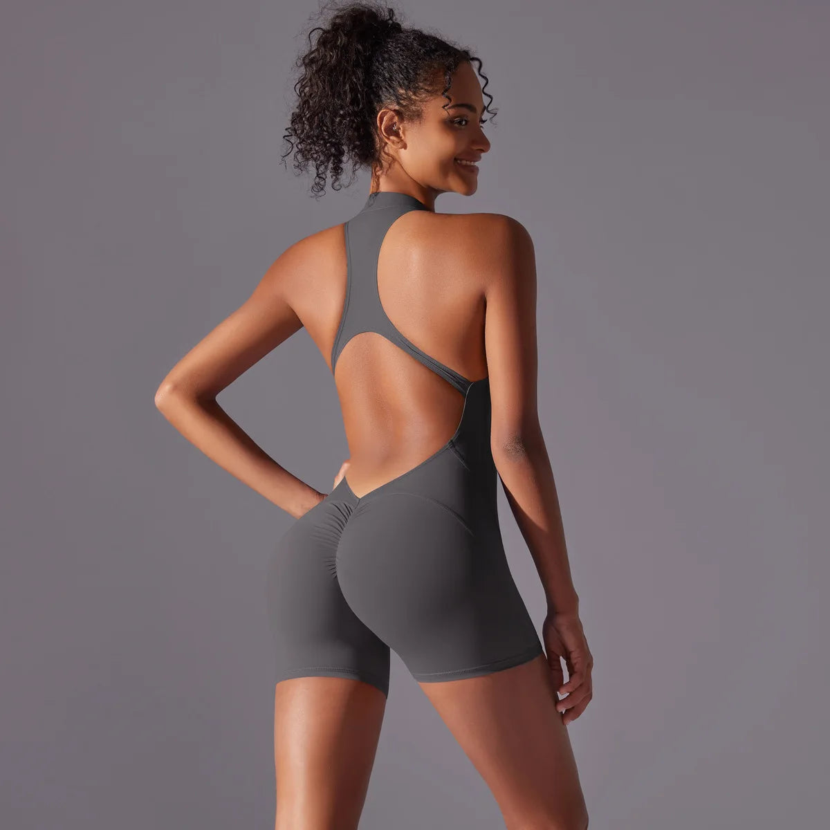 Halter Neck Yoga Jumpsuit Front Zip Backless Romper Scrunch Butt Bodysuit One Piece Shorts Fitness Set Custom LOGO