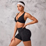 Butt Lifting Tummy Control Leopard Print Lightweight 2 Piece Women's Yoga Shorts Set Crisscross Back High Waist for Gym Workout