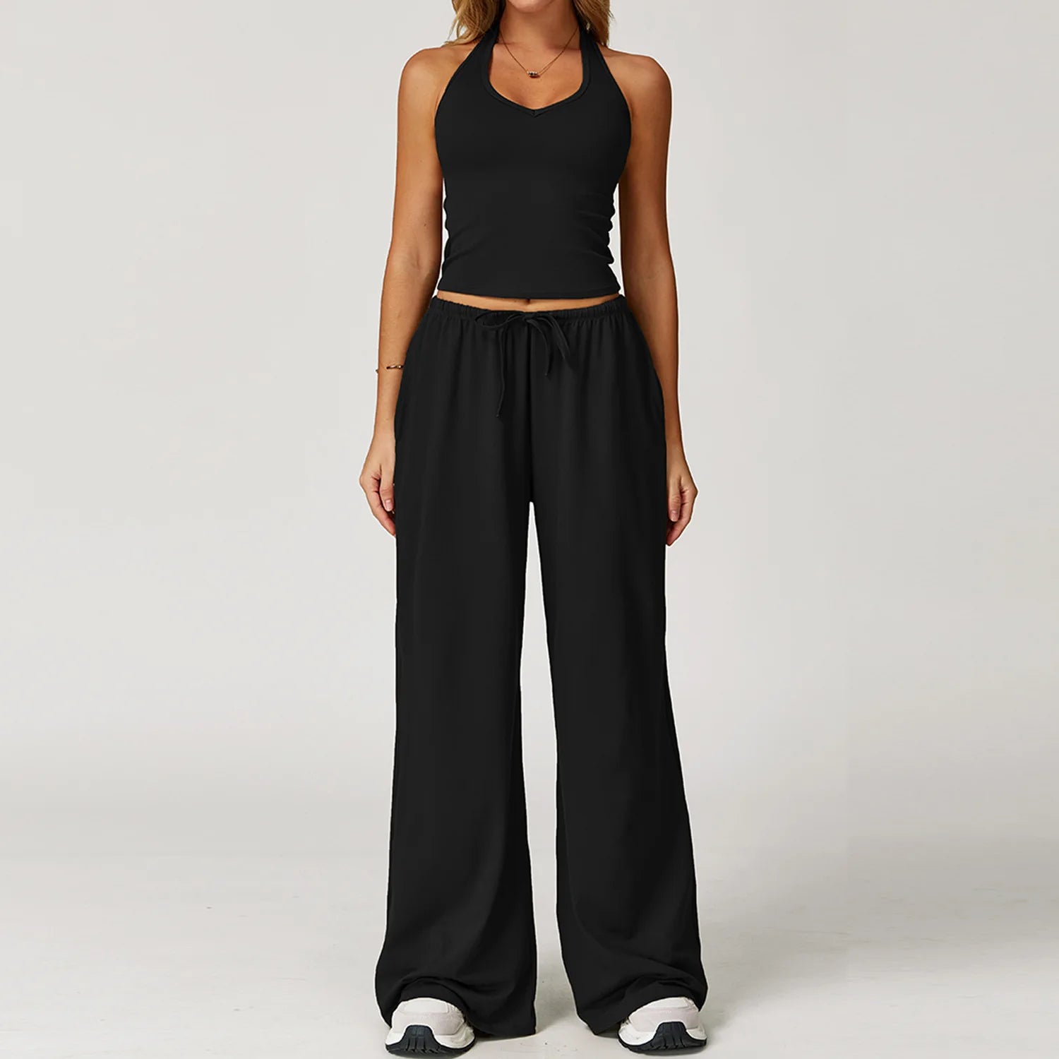 Solid Halter With T Strap Yoga Gym Sets Quick Dry Breathable Top Lightweight Loose Pants Women Summer Sports Outdoor Clothing
