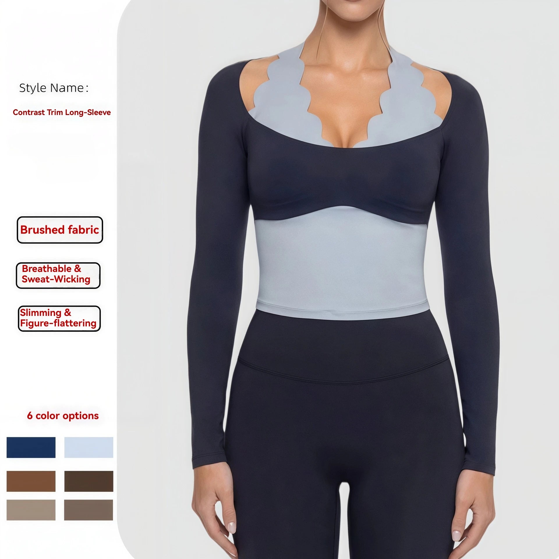 Yoga Set Women Long Sleeve Scalloped Halter Top Two Tone High Waist Leggings Activewear Workout Gym Custom Logo