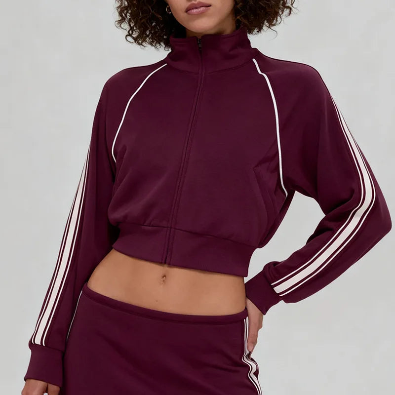 Custom Logo Yoga Set Women Cropped Jacket Zip up Tennis Skirt Set Side Stripes 2 Piece Activewear Workout Gym