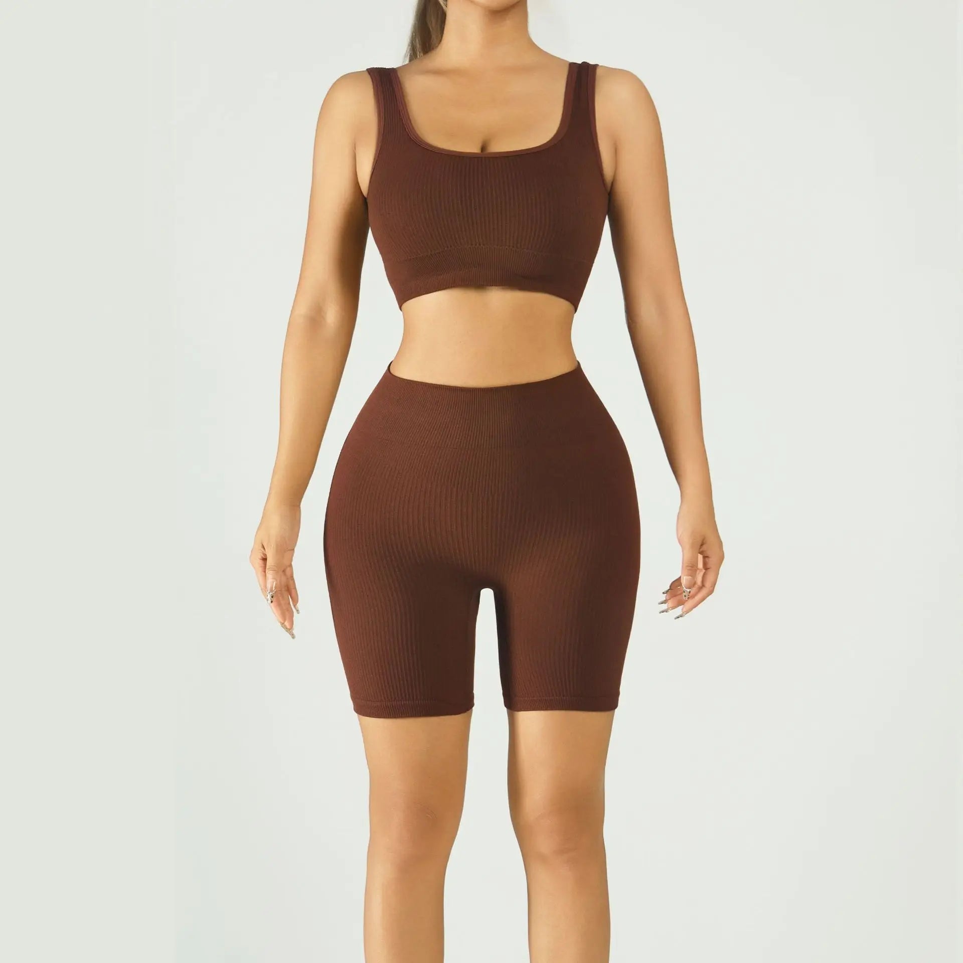 Ribbed Seamless Yoga Set Women U-Neck Sports Bra High Waist Biker Shorts 2 Piece Fitness Workout Set Wholesale