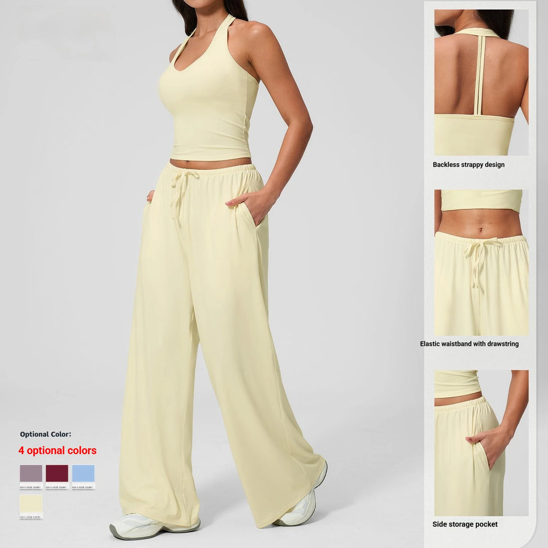 Women 3 Piece Solid Breathable Lounge Set Halter Crop Top Long Sleeve Wrap Cardigan Mid Waist Wide Leg Pants Tracksuit Custom