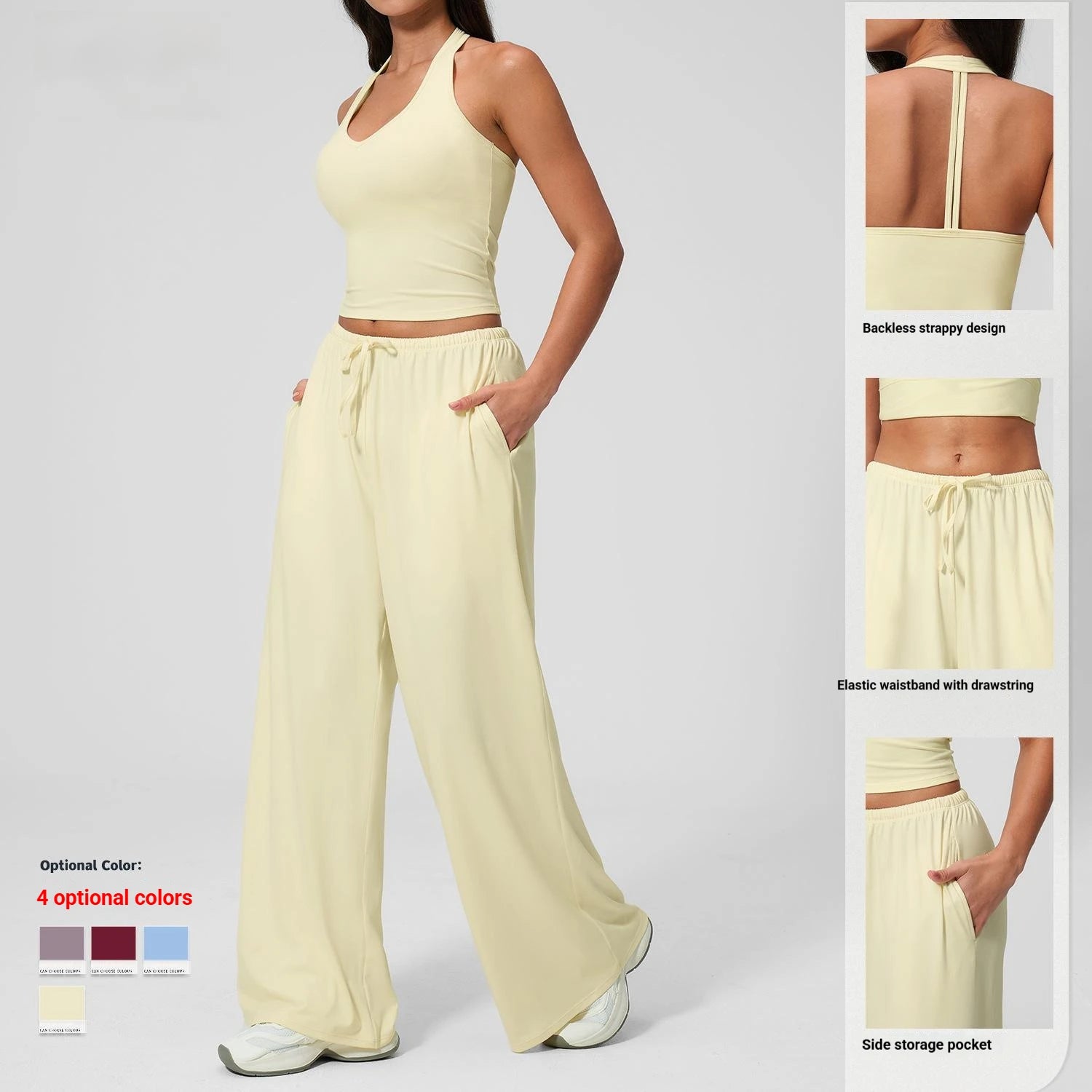 Women 3 Piece Solid Breathable Lounge Set Halter Crop Top Long Sleeve Wrap Cardigan Mid Waist Wide Leg Pants Tracksuit Custom