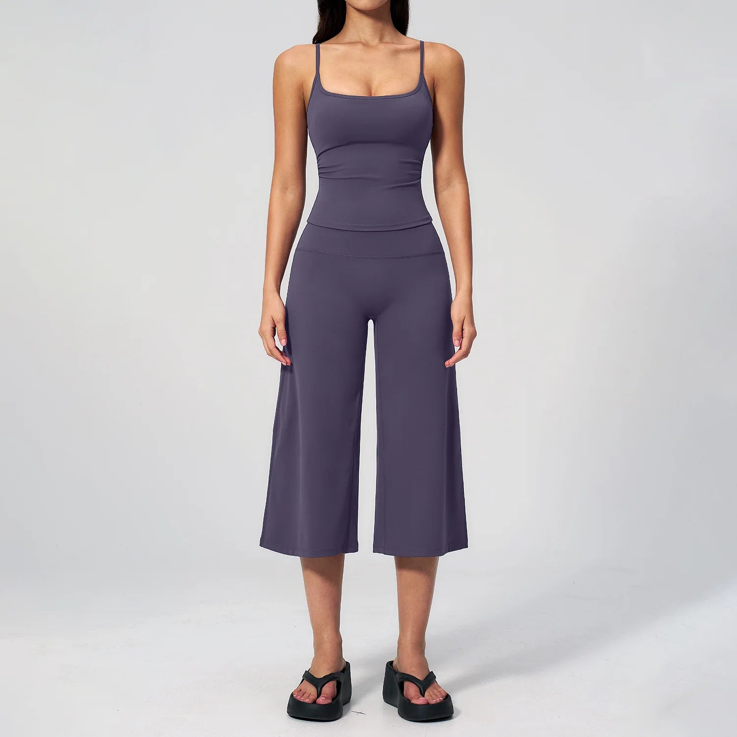 High-Waisted Elastic Waist Capri Pants Custom Logo Women's Solid Casual Two Piece Set Halter  Quick Dry Spandex/Nylon Activewear