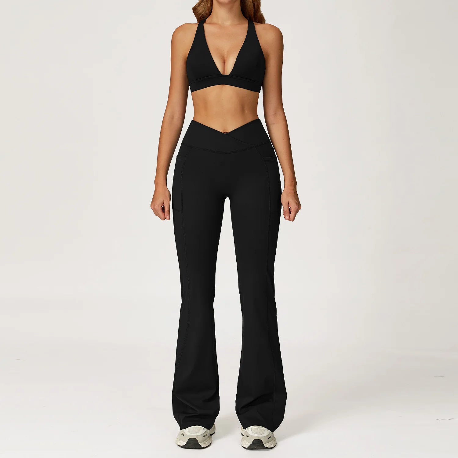Women's Solid Athleisure 5-Piece Sports Bras+Gym Shorts+Yoga Leggings+Top Set Workout Clothes Sport Suit Front Logo