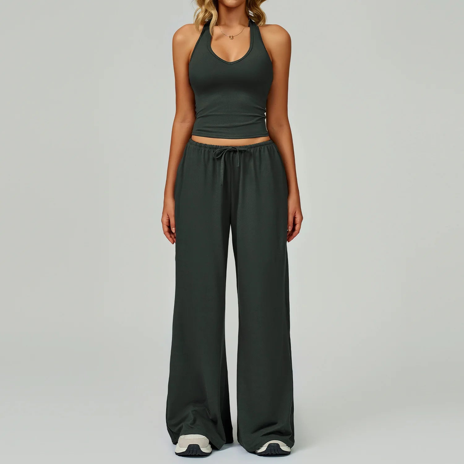 Solid Halter With T Strap Yoga Gym Sets Quick Dry Breathable Top Lightweight Loose Pants Women Summer Sports Outdoor Clothing