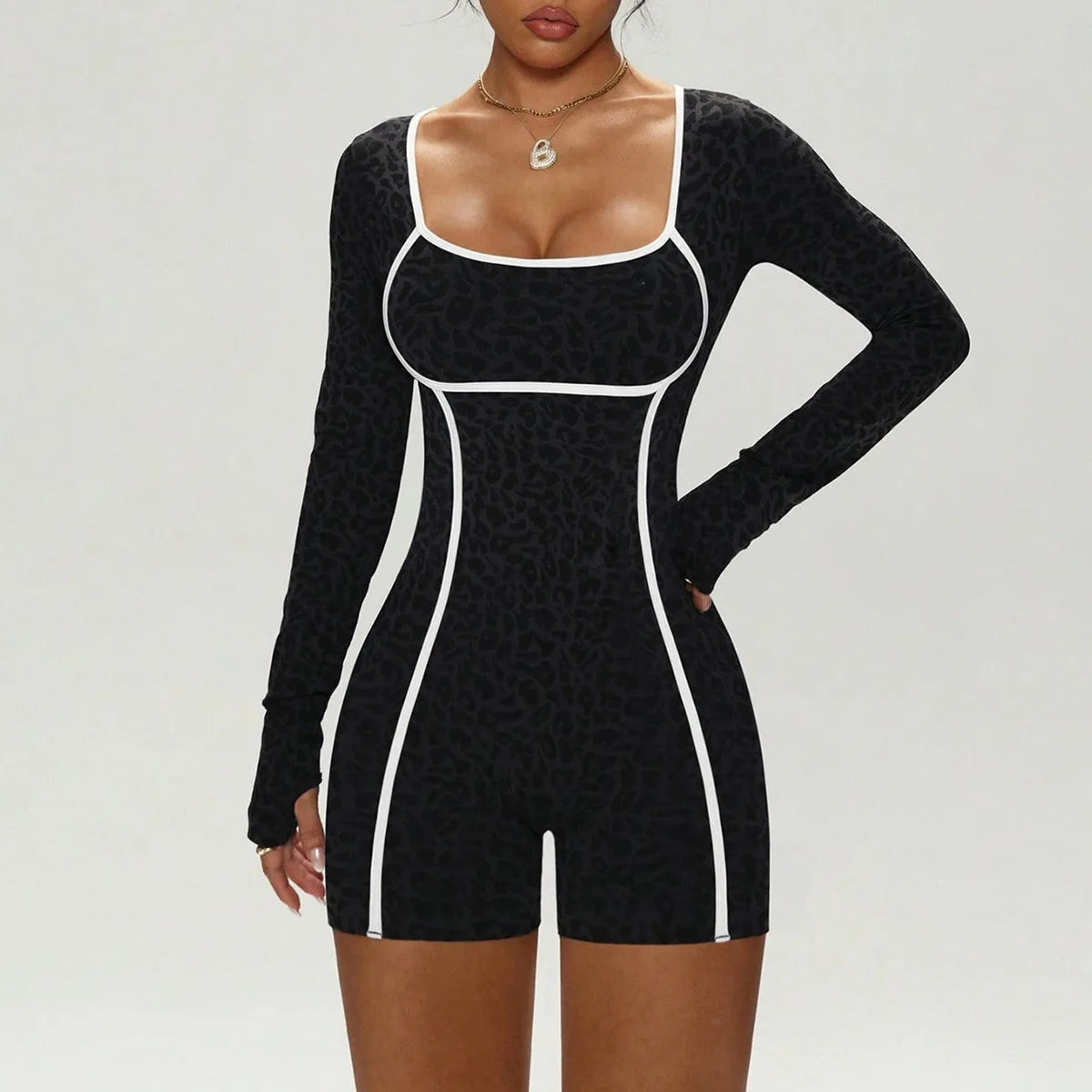 Leopard Seamless Activewear Women Long Sleeve Butt Lift Gym Workout Yoga Breathable & Quick-Dry Jumpsuits Workout Bodysuit