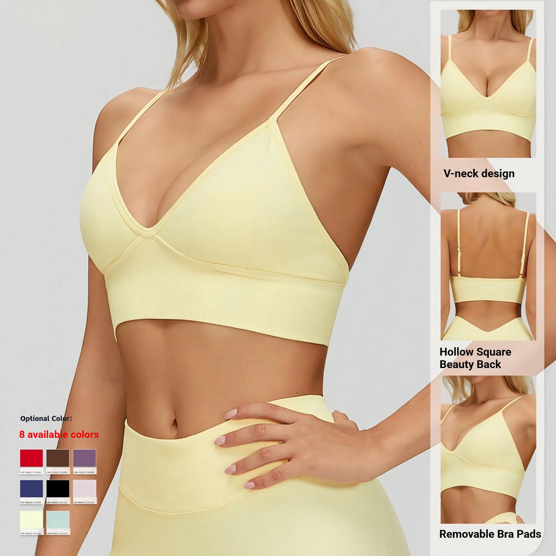 Sports Bra Women Backless Yoga Bra Spaghetti Strap Hollow Square Back Crop Top Custom Logo Removable Padded Bralette