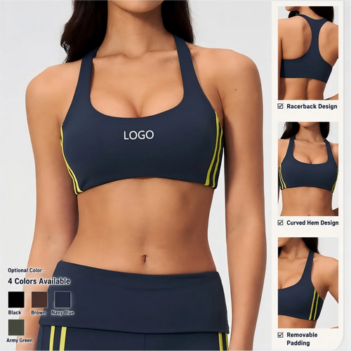 Custom Logo High Support Sports Bra Racerback Yoga Bra Anti-Shock V-neck Breathable Gym Bra with Removable Pads