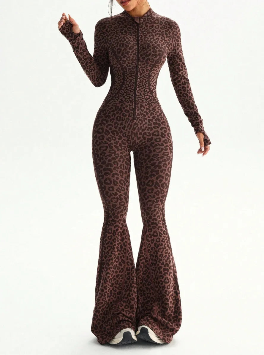 Women Leopard Cross Back Flared Yoga Bodysuits Gym Fitness Yoga Jumpsuit Workout Clothes Quick-drying Sportswear Shapewear