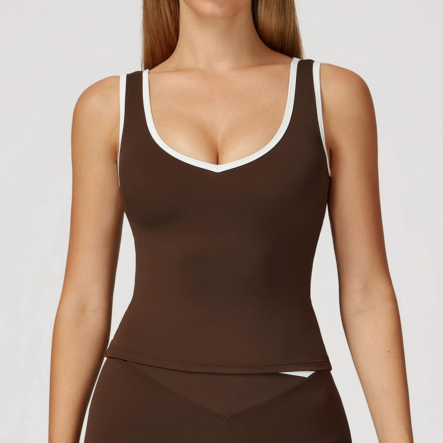 Contrast Binding Workout Tank Top Hollow V Back Padded Sports Bra Women Yoga Fitness Tops Para Mujeres Custom Logo