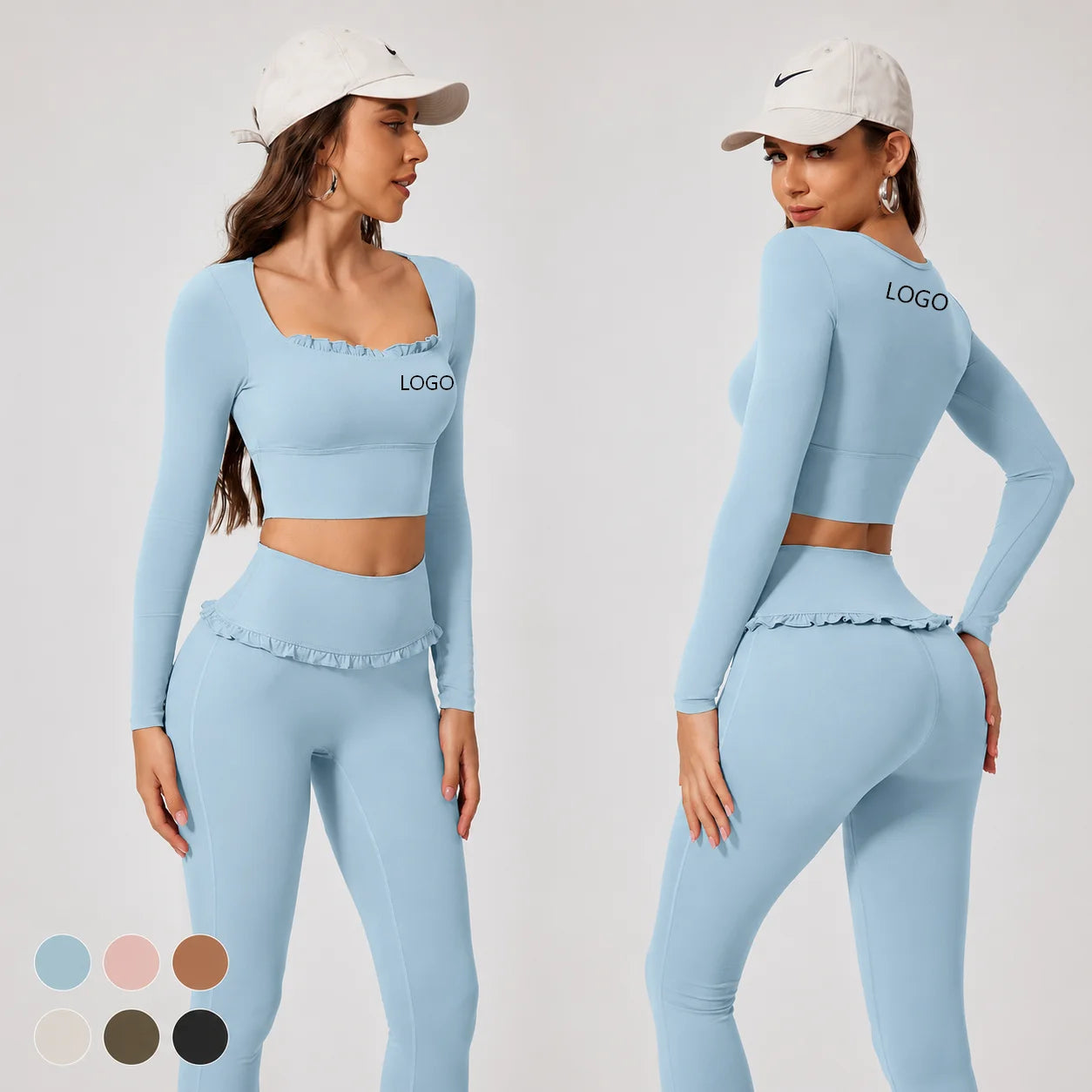 Custom Logo Yoga Long Sleeve Top Ruffle Trim Sports Crop Top Women Balletcore Fitness Shirt Gym Workout Wear Quick Dry