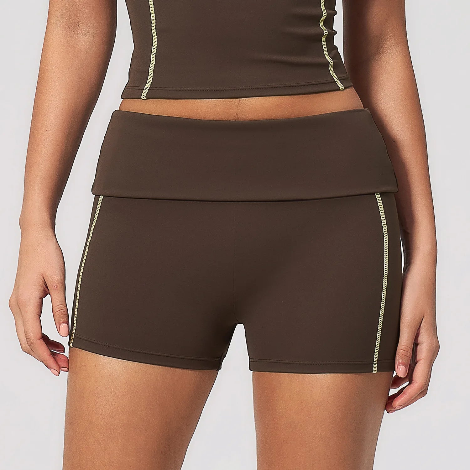 Custom Gym Shorts Contrast Stitch Elastic Folded Waist Running Tights Quick Dry Yoga Short Soft Women Workout Fitness Bottom