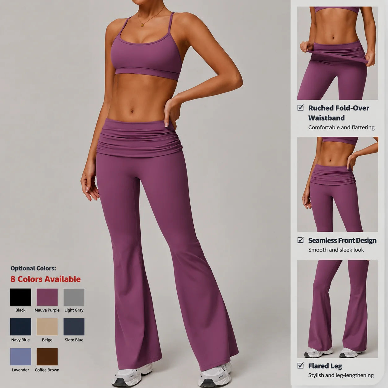 Women's Gathered Foldover Waist Flared Yoga Pants Y2K Soft Ruched Fold Over Waistband Bootcut Gym Leggings Sports Pants