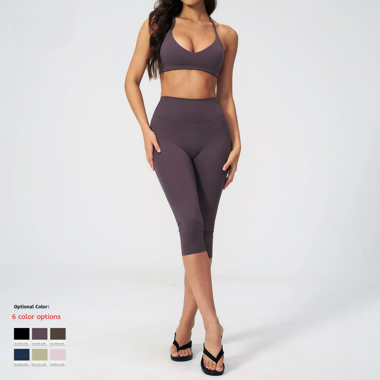 Factory  2 Pieces Crop Capri Leggings Inseam 38cm and and V Neck Halter Sport Bra for Yoga Fitness Activewear Custom Logo