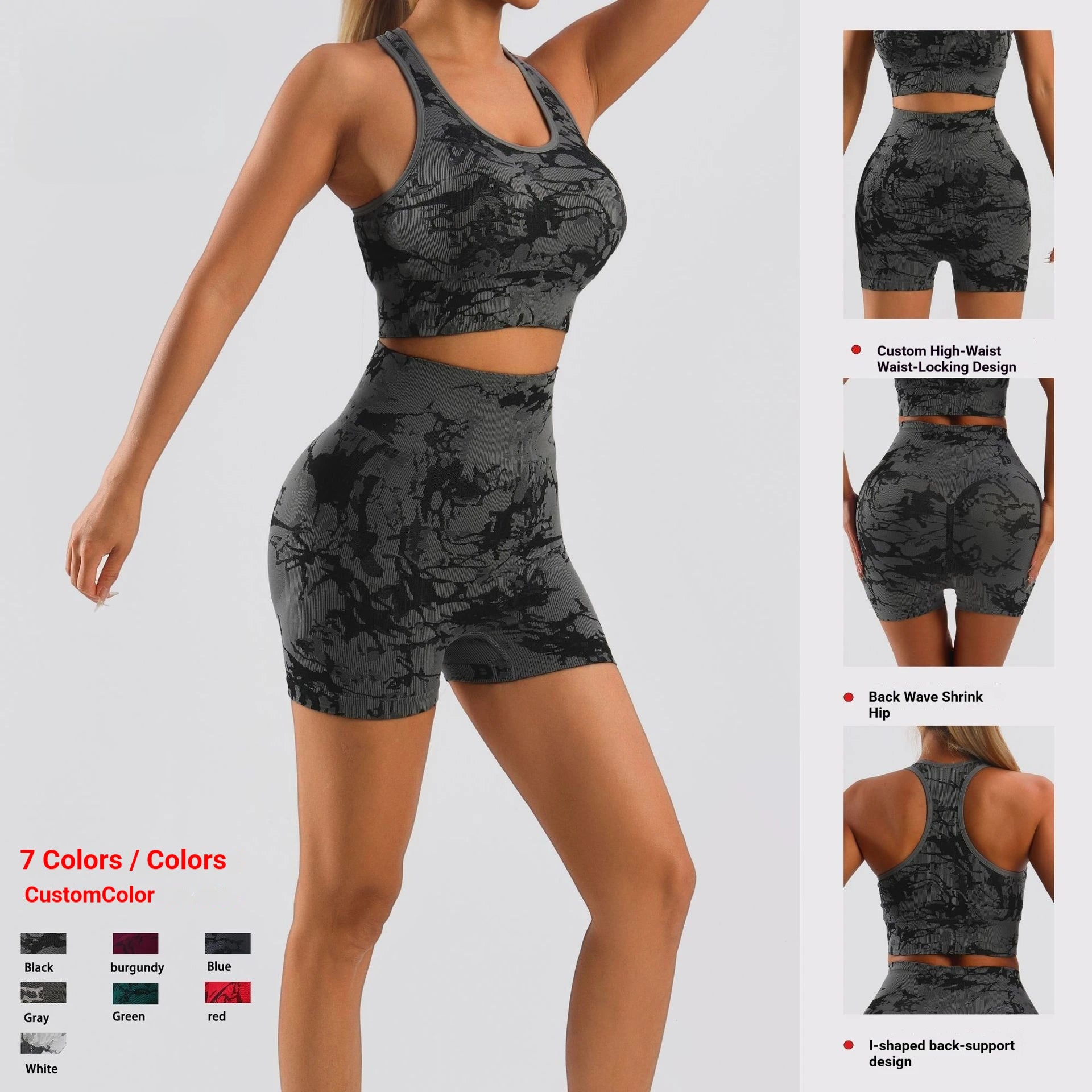 WomenTie Seamless  Dye  Yoga Set Racerback Sports Bra High Waist Scrunch Butt Biker Shorts 2 Piece Workout Set Custom