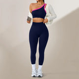 Yoga Set Women 2 Piece Set One Shoulder Contrast Trim Sports Bra High Waist Leggings Seamless Activewear Set