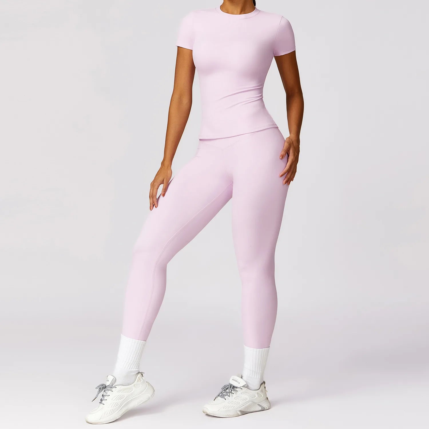 Seamless Solid Active Set Women 2 Piece Breathable Workout Outfits Short Sleeve T Shirt High Waisted Leggings Gym Yoga Set