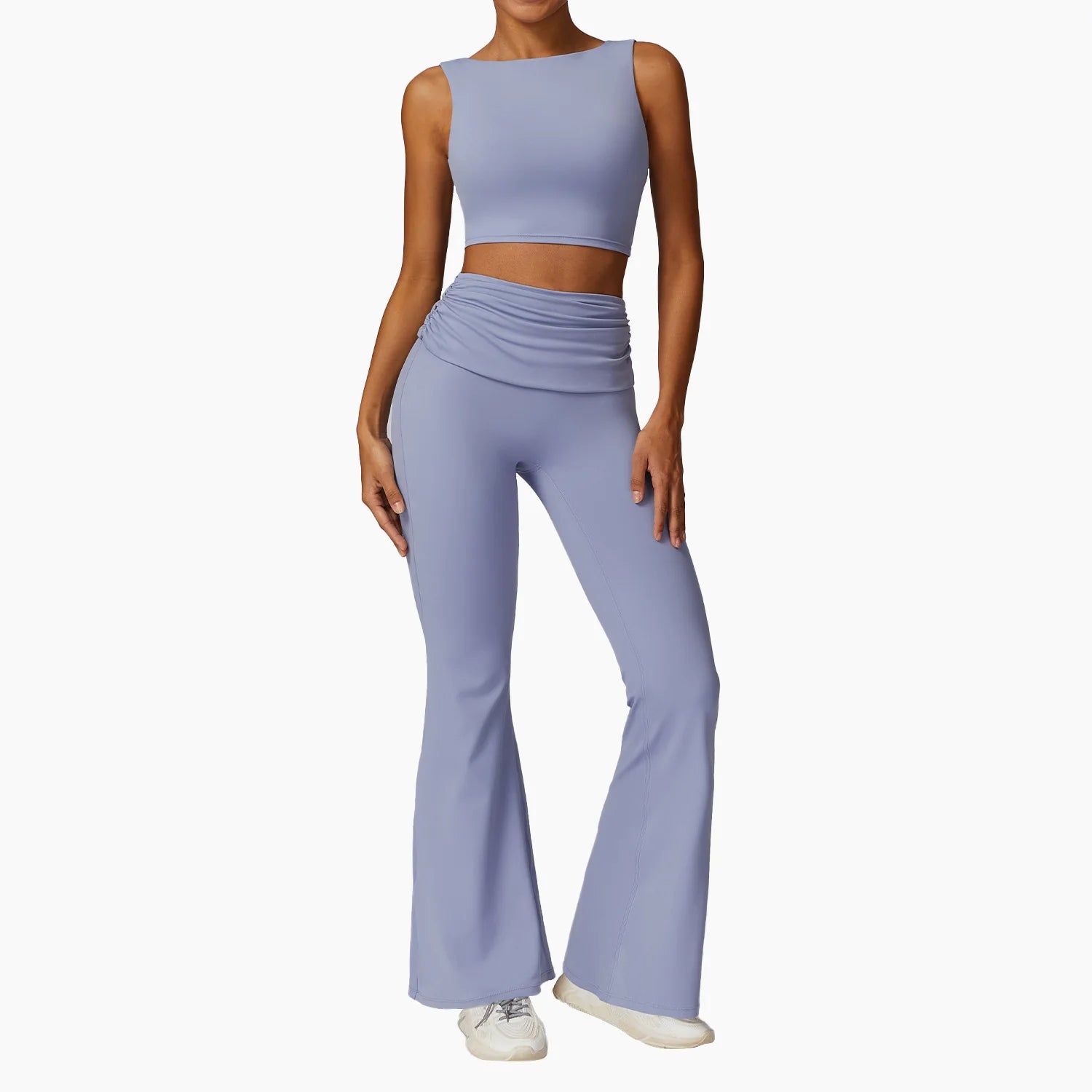 Custom Gym Sport Wear Clothes Solid Front Open Back Workout Vest Yoga Flares Leggings Pants Fitness Wear Yoga Sets for Women