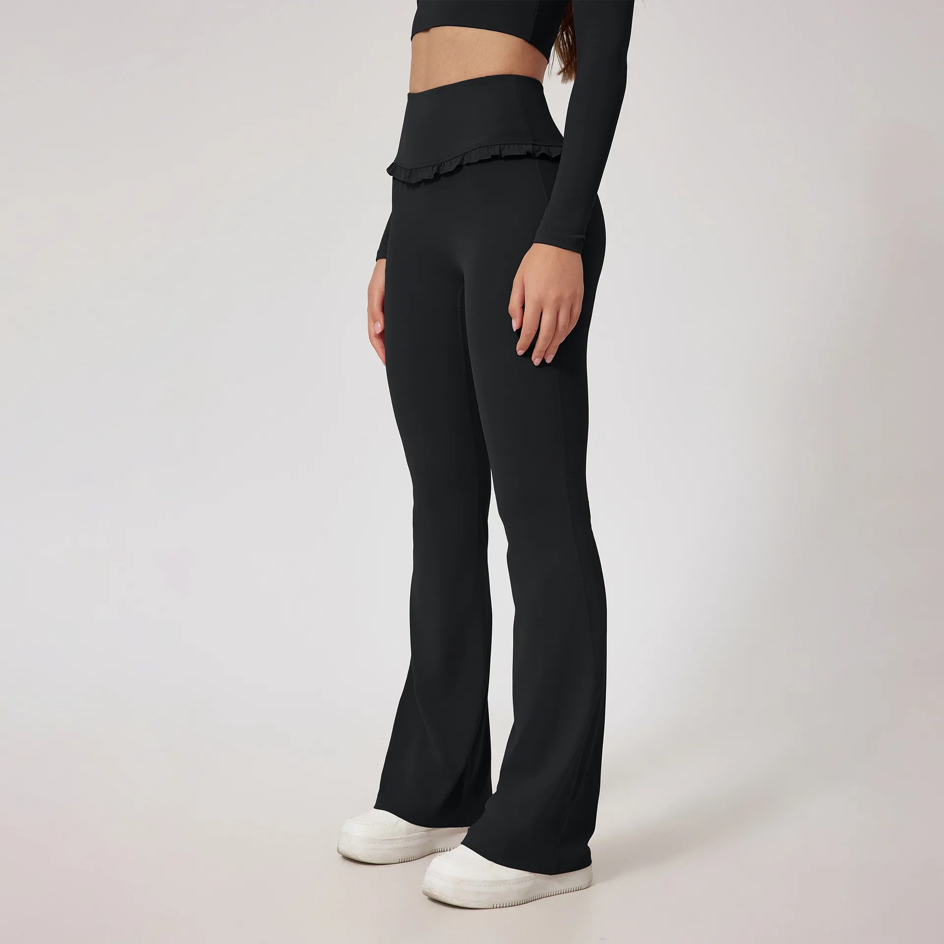 Custom Logo Yoga Pants Flare Pants Ruffle Trim High Waist Women Frill Bell Bottom Leggings Gym Fitness Wear