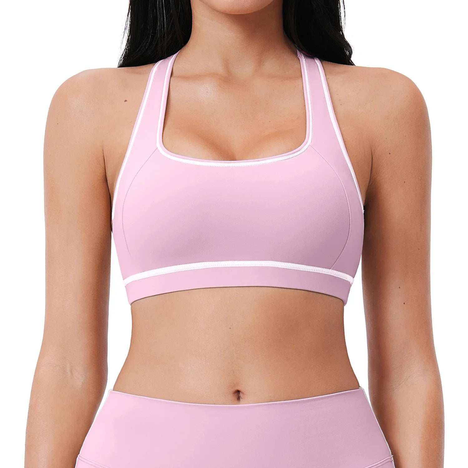 Yoga Tank Top Women Contrast Stitching Built-in Bra Racerback Gym Wear Seamless Workout Sports Vest