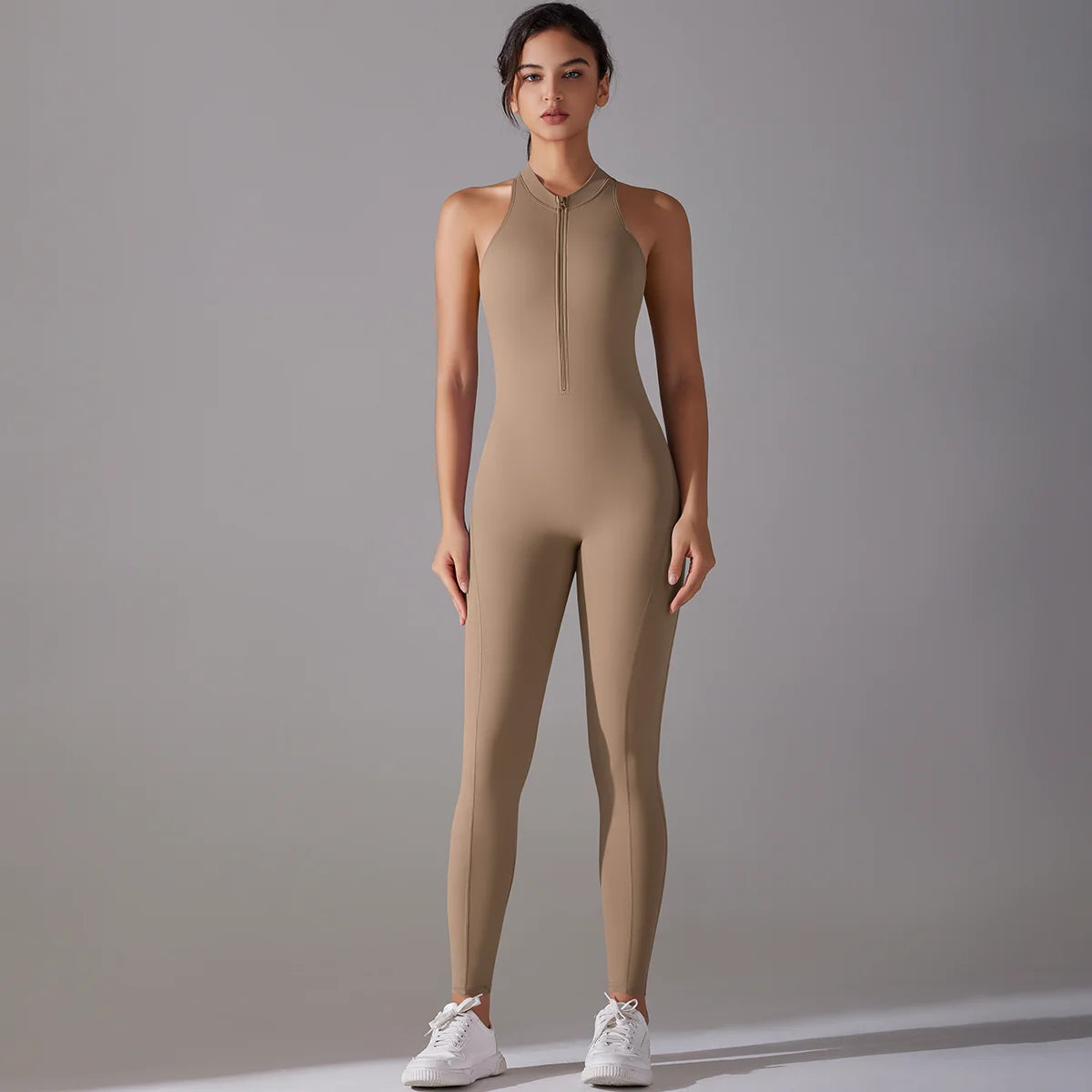 Custom Solid Nylon Gym Wear Sleeveless One Piece Jumpsuit Exercise Workout Zipper Ribbed Yoga Leggings Body Suit for Women
