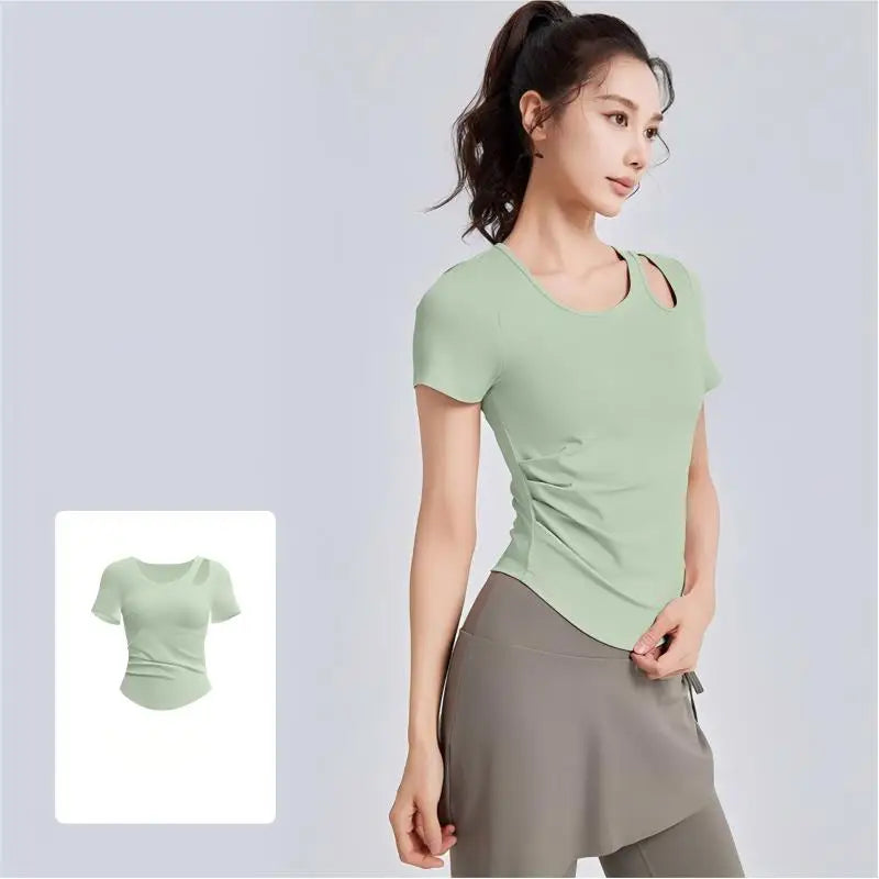 Women Cutout Yoga T Shirt Short Sleeve Gym Top Ruched Side Curved Hem Slim Fit Workout Tee Athletic Sportswear