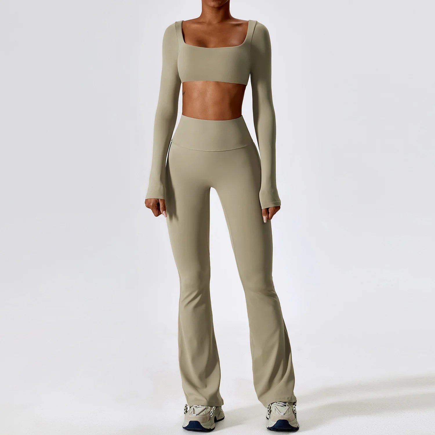Breathable Women Running Yoga Wear Workout Long Sleeve T-Shirts Yoga Sports Crop Tops Flared Pants Bra Yoga Sets Custom