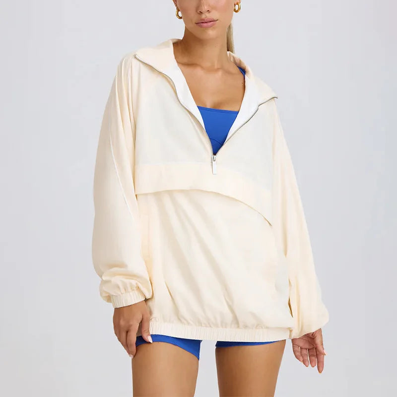 Women Half Zip Workout Jacket Oversized Contrast Trim Windbreaker Lightweight Sports Gym Sport Jacket Custom LOGO