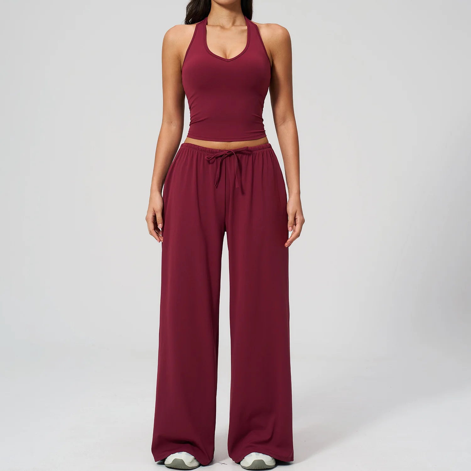 Women 3 Piece Solid Breathable Lounge Set Halter Crop Top Long Sleeve Wrap Cardigan Mid Waist Wide Leg Pants Tracksuit Custom
