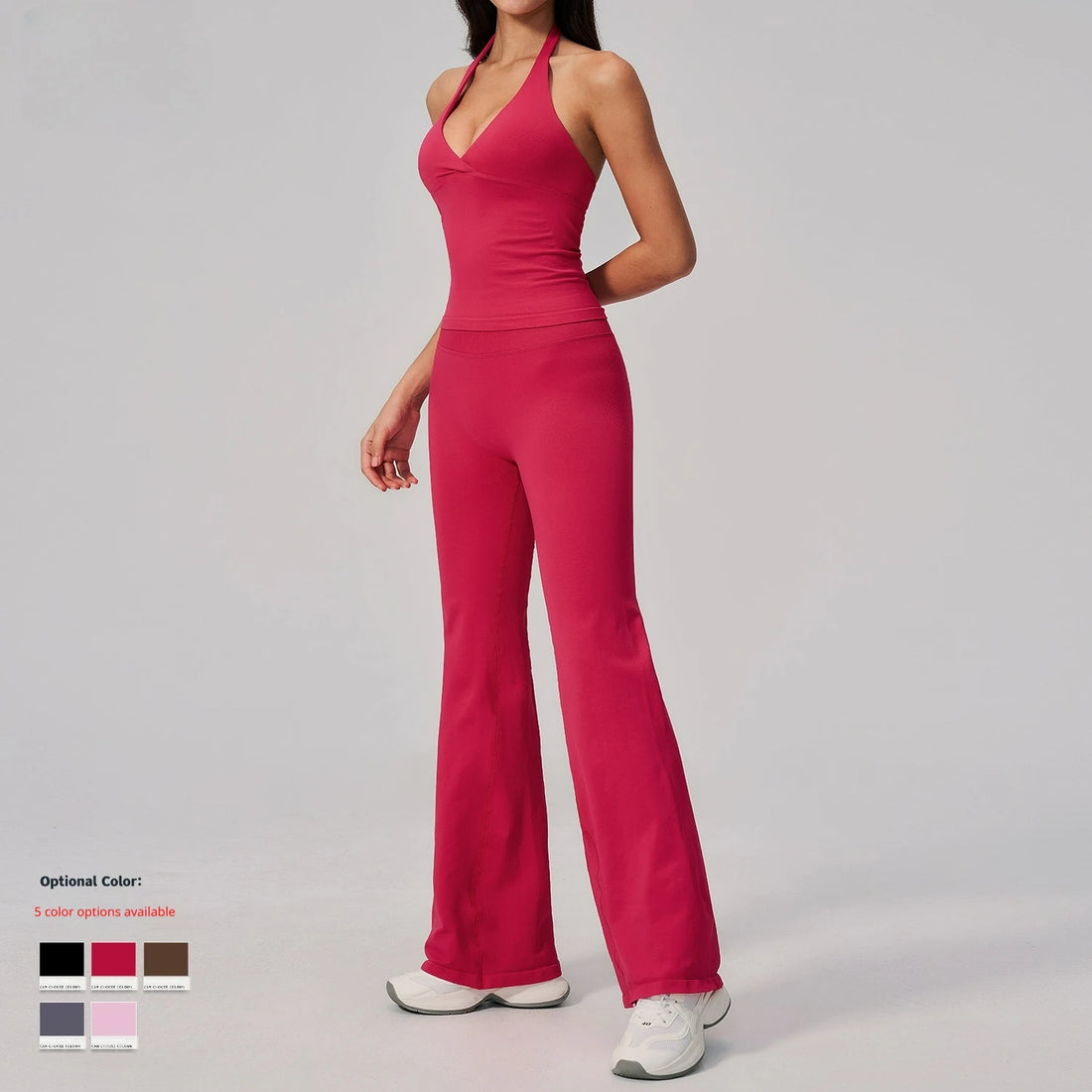 Women Seamless 2 Piece Outfits Workout Yoga Sports Track Suits Halter Neck Crop Top High Waist Flared Pant Sets Custom