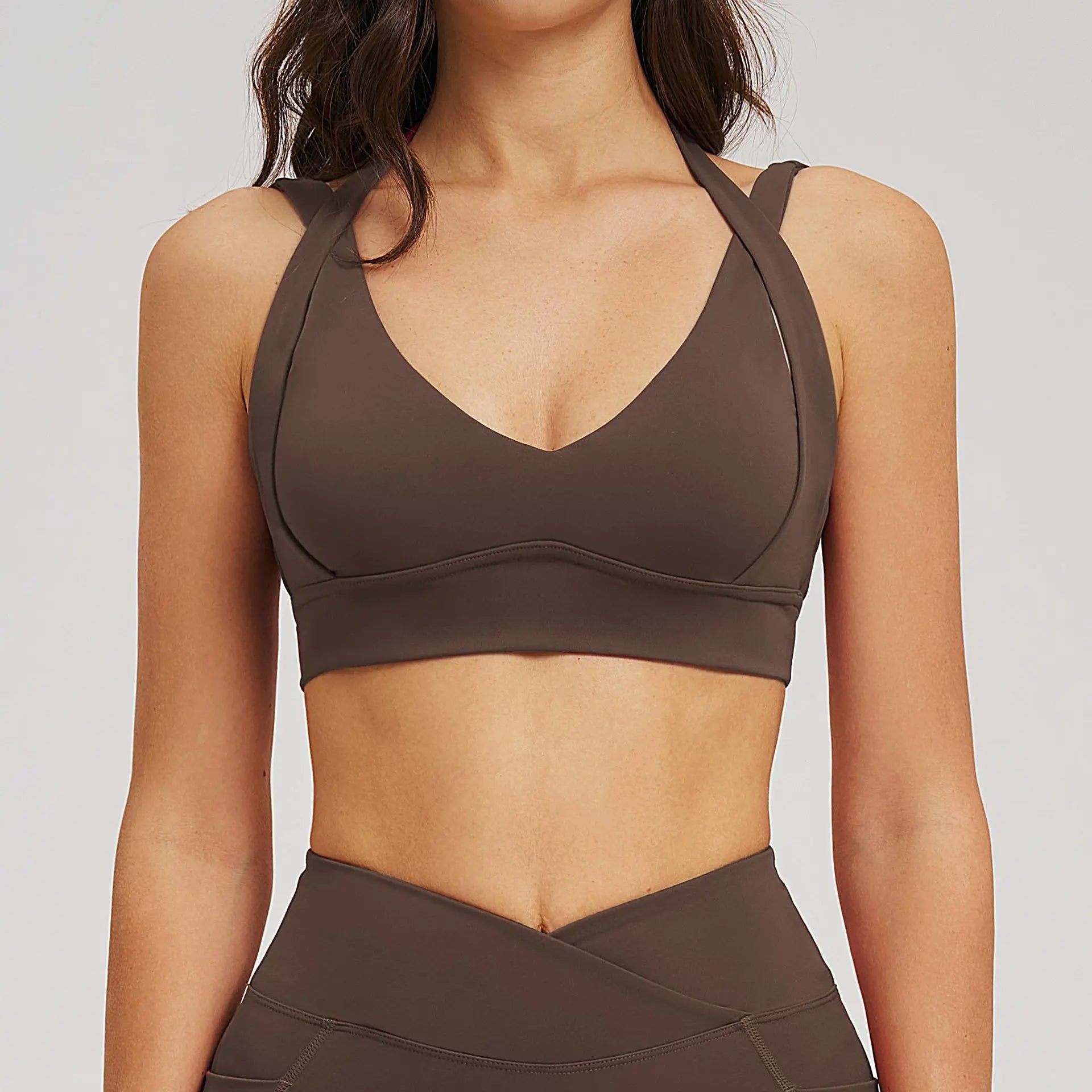 Women Halter Neck Strap Sports Bra Deep V Open Back Gym Crop Top Removable Padded Workout Yoga Bralette 5 Colors