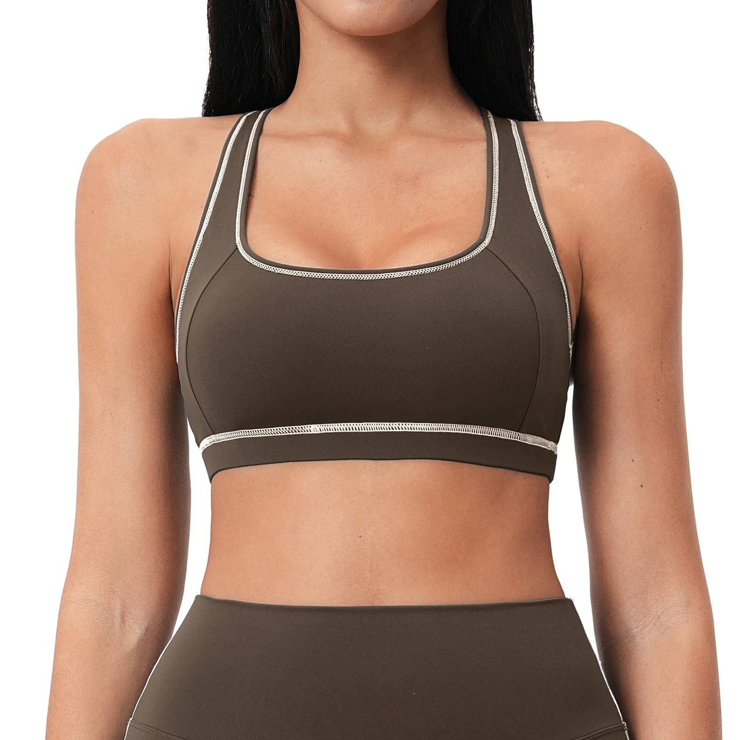 Yoga Tank Top Women Contrast Stitching Built-in Bra Racerback Gym Wear Seamless Workout Sports Vest